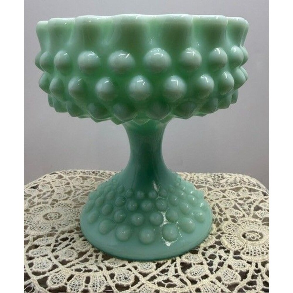 Rare 1950’s Pastel GREEN Fenton Milk Glass Hobnail Pedestal Compote, Candy Dish!